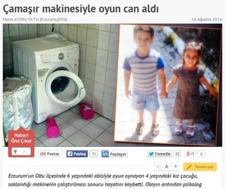 洗濯機の中に隠れた妹、6歳兄がスイッチを入れて死亡させる。（トルコ） 