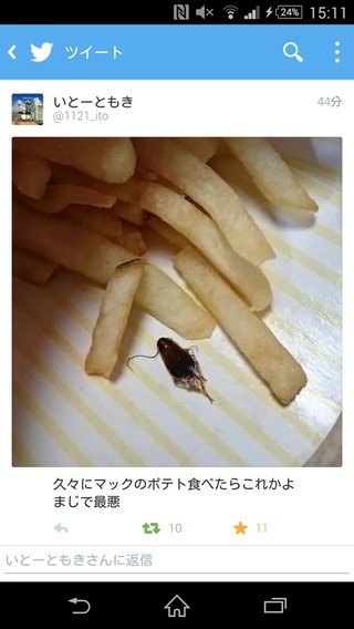 ﾏｸﾄﾞﾅﾙﾄﾞのﾎﾟﾃﾄにｺﾞｷﾌﾞﾘ混入? Twitterに報告される