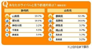 『あなたがライバルと思う都道府県は？』　1位北海道と沖縄　2位静岡と山梨　3位島根県と鳥取県