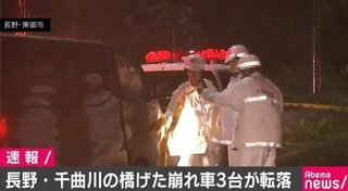 【長野県】千曲川で橋げたの一部が崩落、車3台が川に転落