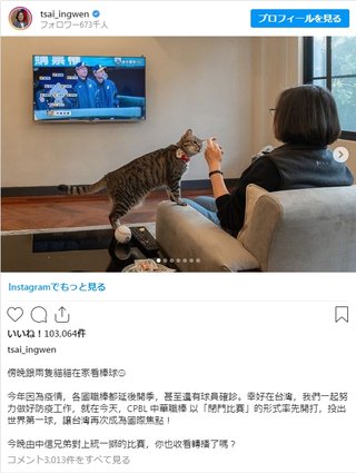 【台湾】蔡英文総統、自宅で猫とテレビ見ながらくつろぐ動画を投稿