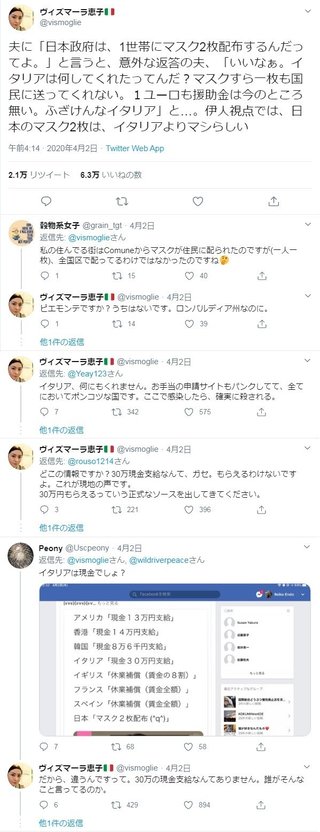 イタリア人、日本のマスク配布に…　｢いいなぁ。イタリアはマスクすら1枚も送ってくれない」