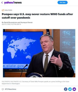 米国、もう二度とWHOに資金拠出しない可能性に言及、WHOに代わる組織の新設も示唆