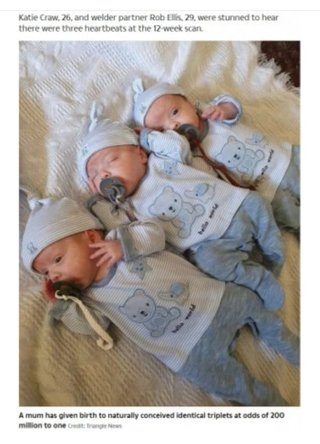 イギリス・2億分の1の確率！一卵性の三つ子を自然妊娠で授かった26歳