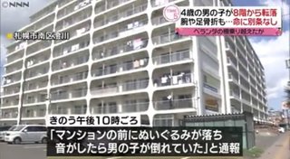 ８階から４歳男児転落　重傷も命に別条なし