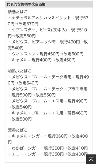 たばこ税増税で値上げ。JT メビウスなど173銘柄