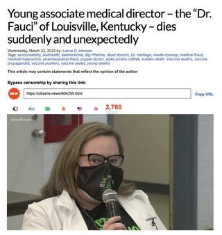 ワクチンを称賛・強制し、自らもワクチン打った女ファウチ、突然死