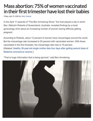 ロバーツ上院議員：妊娠初期のワクチンにより 75％が大量流産をしている