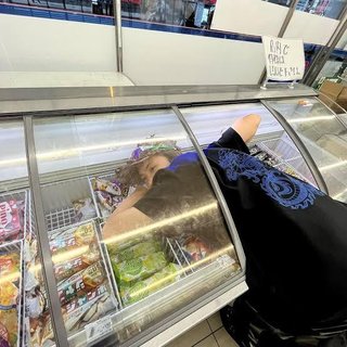 若手アーティストがアイスケースに上半身をダイブ…