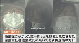 手錠とロープで監禁　長男（37）を死亡させた疑い　両親と妹を再逮捕へ