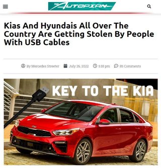 韓国車、USBケーブルだけで盗めてしまう欠陥が判明…全米で「韓国車を盗む遊び」が流行