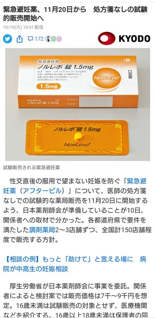 緊急避妊薬、11月20日から処方箋なしで試験的に薬局販売だって