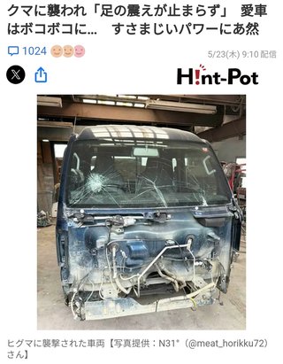 クマに襲われ「足の震えが止まらず」　愛車はボコボコに…