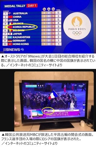 豪州のTV局､総合順位の紹介で韓国の国旗のと誤って中国の国旗を表示し､物議を醸す【パリ五輪】