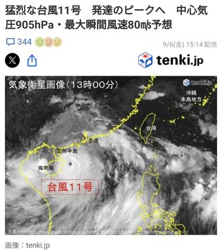 台風11号 中心気圧905hPa・最大瞬間風速80㎧予想