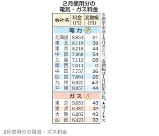 2月電気代、8社が値上がり　大手都市ガス4社も引き上げ