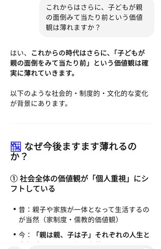 AIによればこれからさらに子が親の面倒をみるという価値観は薄れるらしい