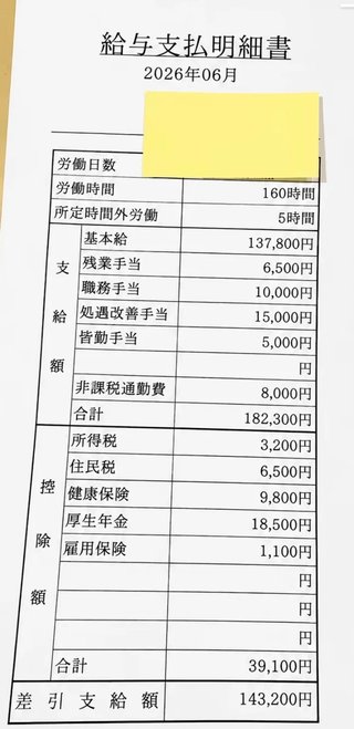 保育士の給料明細です。