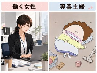 専業主婦と働く女性の比較画像です(・o・)