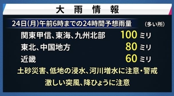 西日本から東北地方で23日は警報級の大雨のおそれ