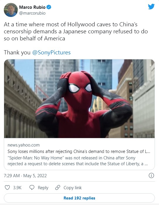 ｢ハリウッドが屈する中､日本企業だけが中国の検閲を拒否｡ありがとうソニー」米国上院議員がツイート